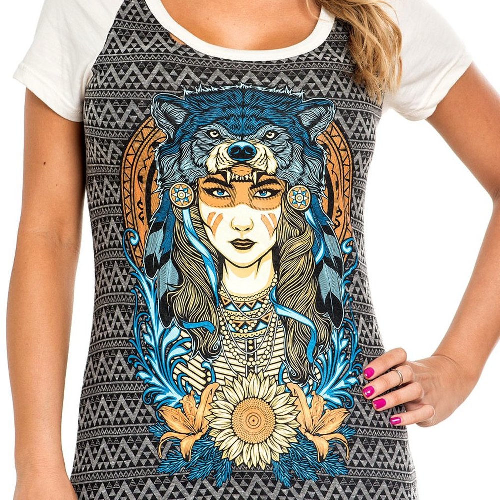 Secret Artist Wolf Headdress SW319 Women`s Short Sleeve Top By Affliction.